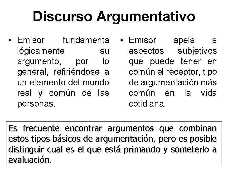 Discurso Argumentativo • Emisor fundamenta lógicamente su argumento, por lo general, refiriéndose a un