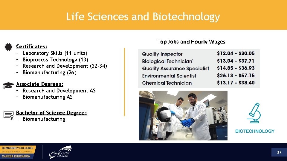 Life Sciences and Biotechnology Certificates: • Laboratory Skills (11 units) • Bioprocess Technology (13)