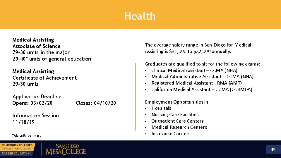 Health Medical Assisting Associate of Science 29 -30 units in the major 20 -40*