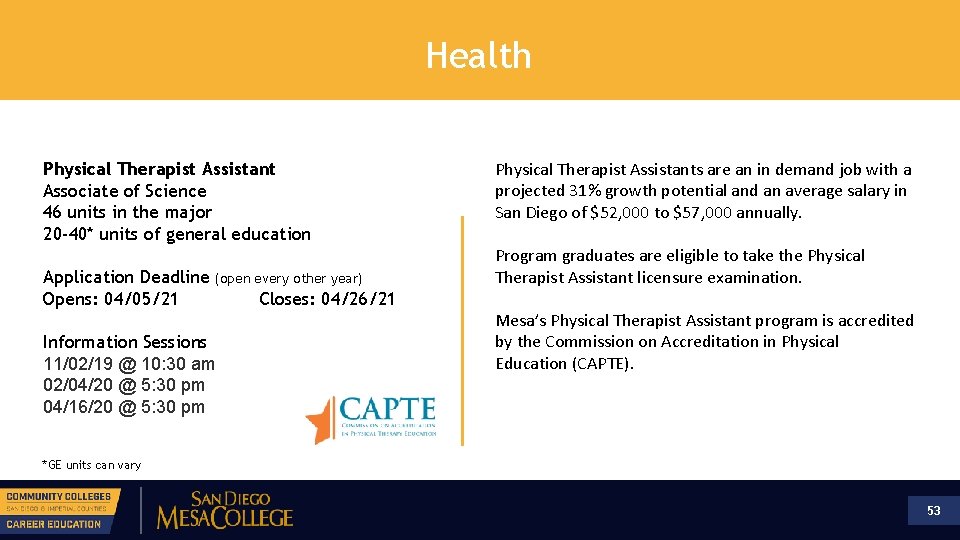 Health Physical Therapist Assistant Associate of Science 46 units in the major 20 -40*