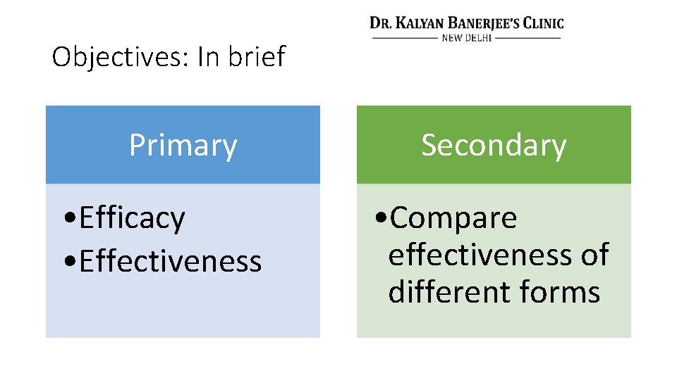 Objectives: In brief Primary • Efficacy • Effectiveness Secondary • Compare effectiveness of different