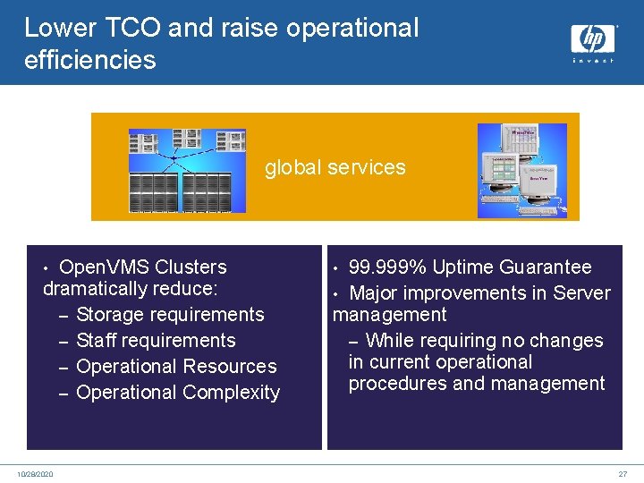 Lower TCO and raise operational efficiencies global services Open. VMS Clusters dramatically reduce: –