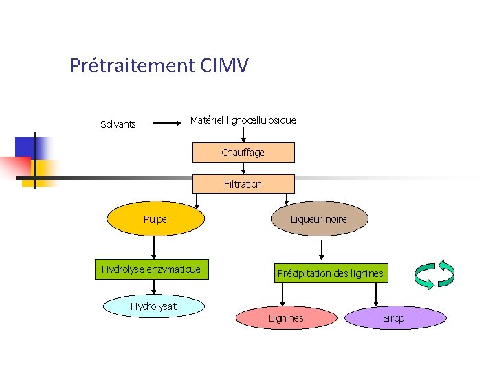 Prétraitement CIMV Matériel lignocellulosique Solvants Chauffage Filtration Pulpe Hydrolyse enzymatique Liqueur noire Précipitation des