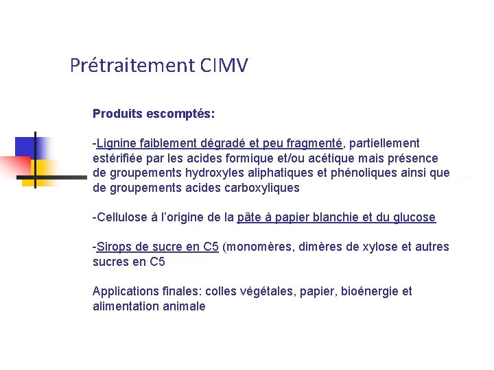 Prétraitement CIMV Produits escomptés: -Lignine faiblement dégradé et peu fragmenté, partiellement estérifiée par les
