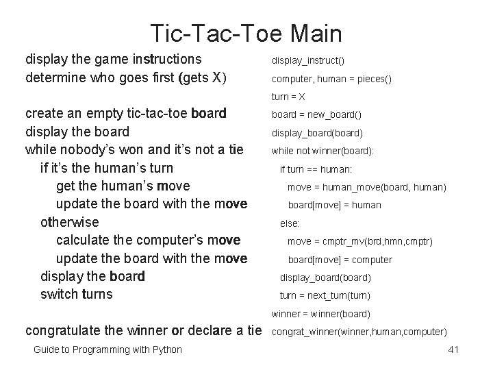 Tic-Tac-Toe Main display the game instructions determine who goes first (gets X) display_instruct() computer,