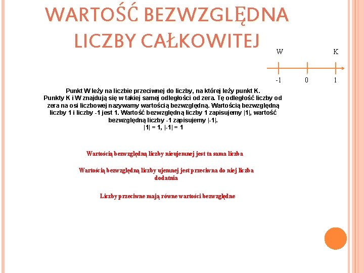 WARTOŚĆ BEZWZGLĘDNA LICZBY CAŁKOWITEJ W -1 Punkt W leży na liczbie przeciwnej do liczby,