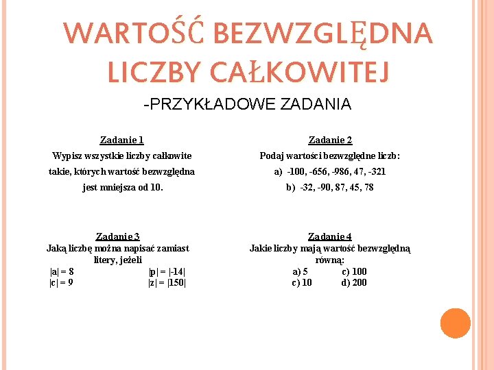 WARTOŚĆ BEZWZGLĘDNA LICZBY CAŁKOWITEJ -PRZYKŁADOWE ZADANIA Zadanie 1 Zadanie 2 Wypisz wszystkie liczby całkowite