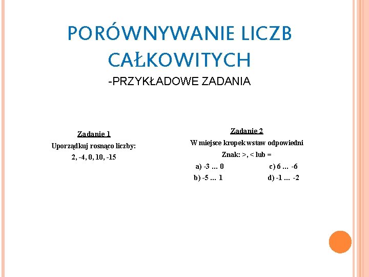 PORÓWNYWANIE LICZB CAŁKOWITYCH -PRZYKŁADOWE ZADANIA Zadanie 1 Zadanie 2 Uporządkuj rosnąco liczby: W miejsce