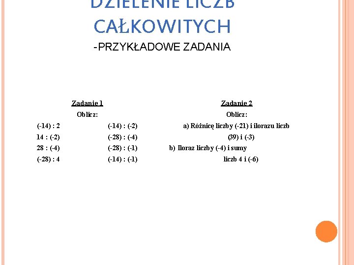 DZIELENIE LICZB CAŁKOWITYCH -PRZYKŁADOWE ZADANIA Zadanie 1 Zadanie 2 Oblicz: (-14) : 2 (-14)