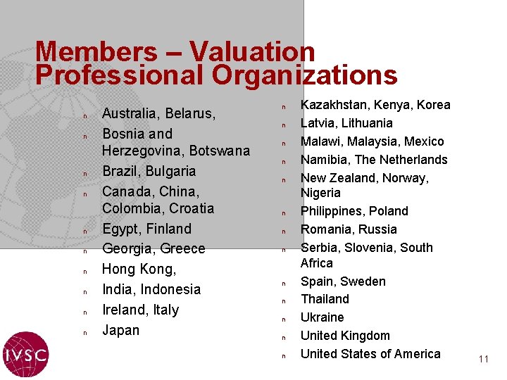 Members – Valuation Professional Organizations n n n n n Australia, Belarus, Bosnia and