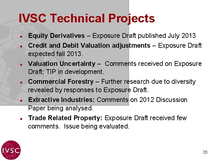 IVSC Technical Projects n n n Equity Derivatives – Exposure Draft published July 2013