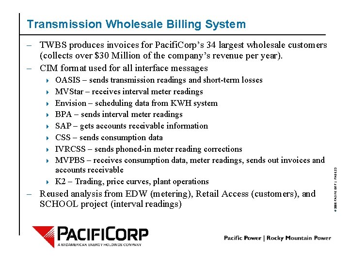 Transmission Wholesale Billing System 4 4 4 4 4 OASIS – sends transmission readings