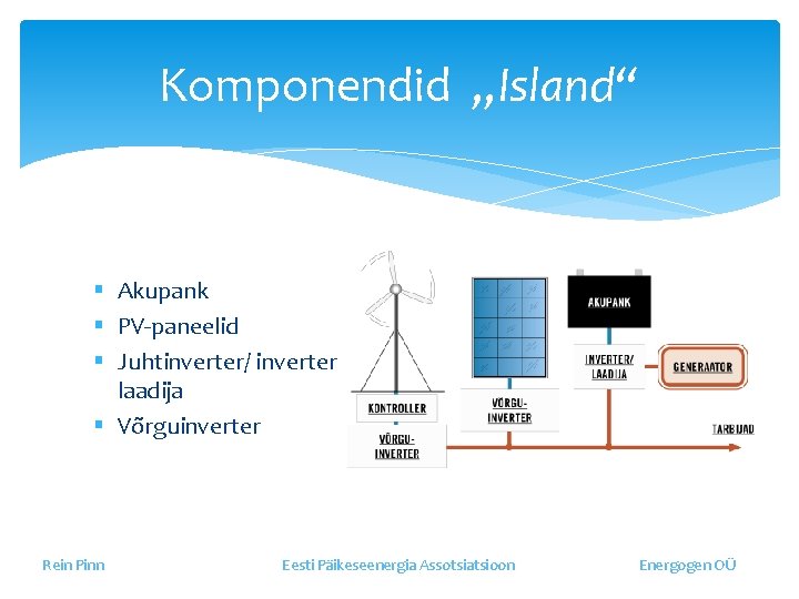 Komponendid „Island“ § Akupank § PV-paneelid § Juhtinverter/ inverter laadija § Võrguinverter Rein Pinn