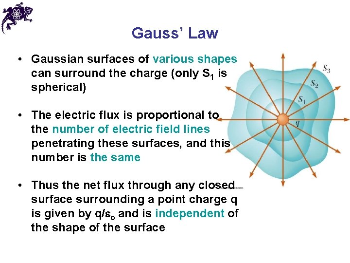 Gauss’ Law • Gaussian surfaces of various shapes can surround the charge (only S