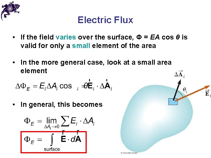 Electric Flux • If the field varies over the surface, Φ = EA cos