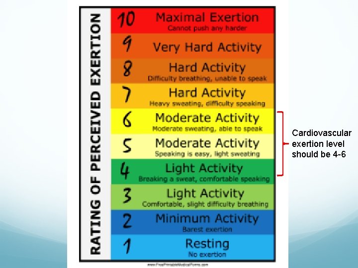Cardiovascular exertion level should be 4 -6 Cardiovascular exertion level should be 4 -6