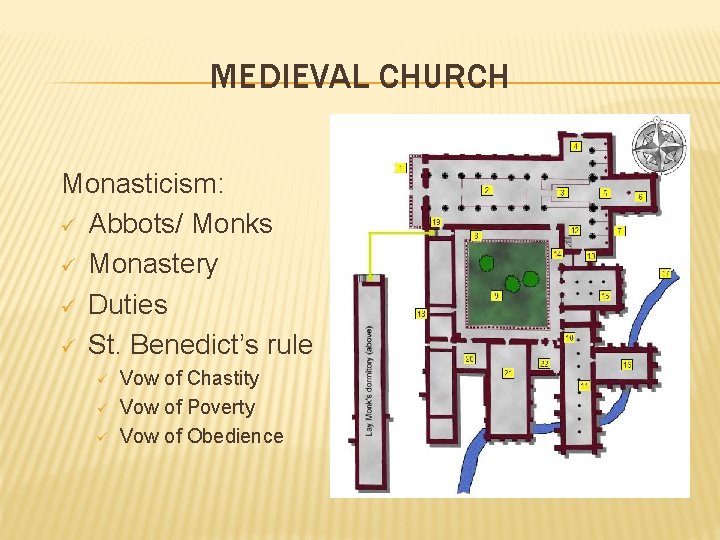 MEDIEVAL CHURCH Monasticism: ü Abbots/ Monks ü Monastery ü Duties ü St. Benedict’s rule