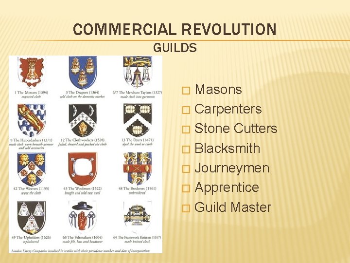 COMMERCIAL REVOLUTION GUILDS Masons � Carpenters � Stone Cutters � Blacksmith � Journeymen �