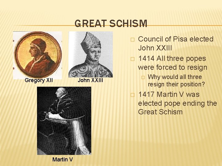 GREAT SCHISM � � Gregory XII � John XXIII � Martin V Council of