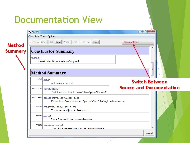 Documentation View Method Summary Switch Between Source and Documentation 