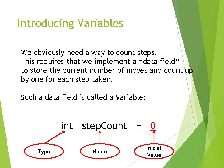 Introducing Variables We obviously need a way to count steps. This requires that we