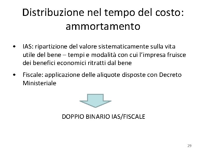 Distribuzione nel tempo del costo: ammortamento • IAS: ripartizione del valore sistematicamente sulla vita