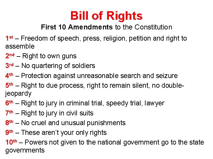 Bill of Rights First 10 Amendments to the Constitution 1 st – Freedom of