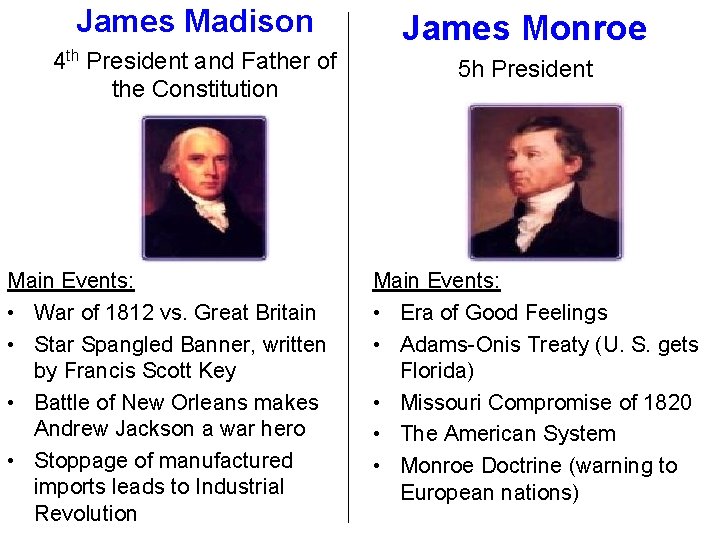 James Madison 4 th President and Father of the Constitution Main Events: • War