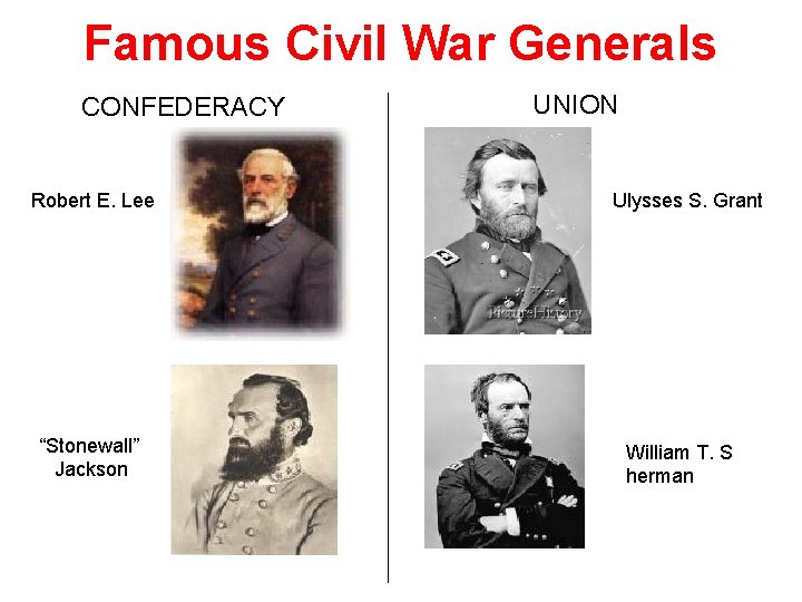 Famous Civil War Generals CONFEDERACY Robert E. Lee “Stonewall” Jackson UNION Ulysses S. Grant