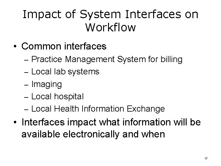 Impact of System Interfaces on Workflow • Common interfaces – Practice Management System for