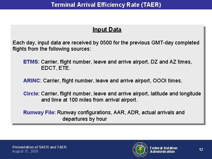 Terminal Arrival Efficiency Rate (TAER) Input Data Each day, input data are received by