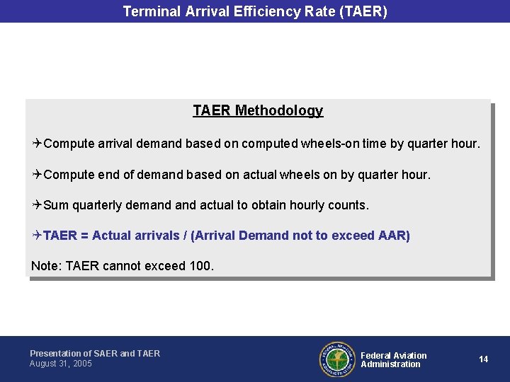 Terminal Arrival Efficiency Rate (TAER) TAER Methodology Compute arrival demand based on computed wheels-on