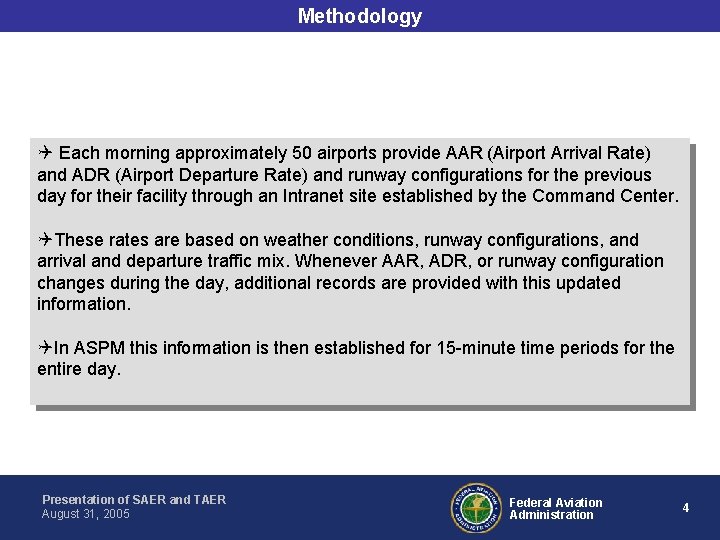 Methodology Each morning approximately 50 airports provide AAR (Airport Arrival Rate) and ADR (Airport