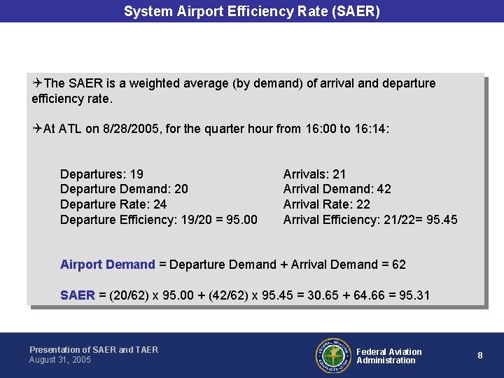 System Airport Efficiency Rate (SAER) The SAER is a weighted average (by demand) of