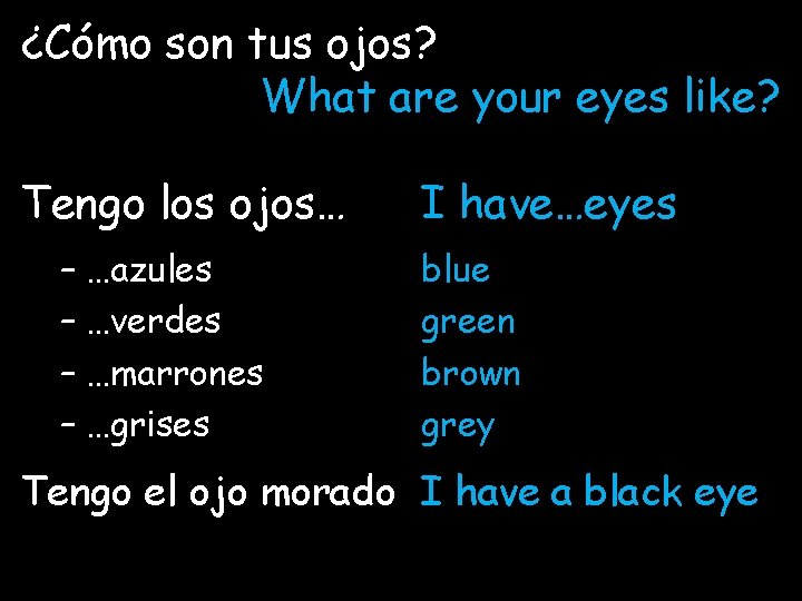 ¿Cómo son tus ojos? What are your eyes like? Tengo los ojos… – …azules