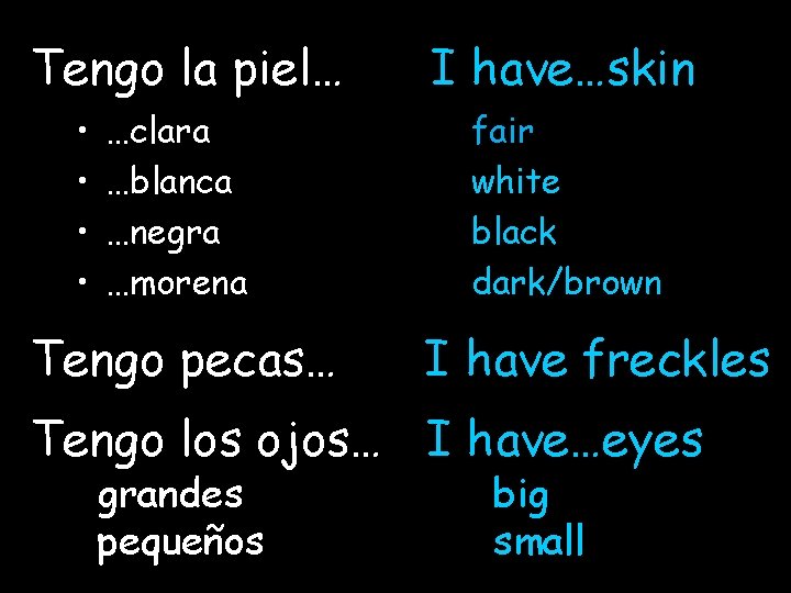 Tengo la piel… • • …clara …blanca …negra …morena Tengo pecas… I have…skin fair
