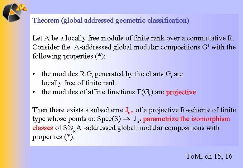 Theorem (global addressed geometric classification) Let A be a locally free module of finite