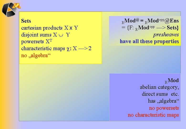 Sets cartesian products X x Y disjoint sums X È Y powersets XY characteristic