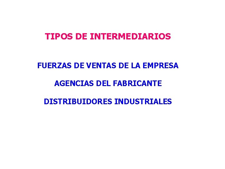 TIPOS DE INTERMEDIARIOS FUERZAS DE VENTAS DE LA EMPRESA AGENCIAS DEL FABRICANTE DISTRIBUIDORES INDUSTRIALES