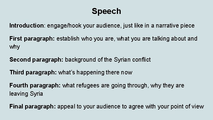 Speech Introduction: engage/hook your audience, just like in a narrative piece First paragraph: establish
