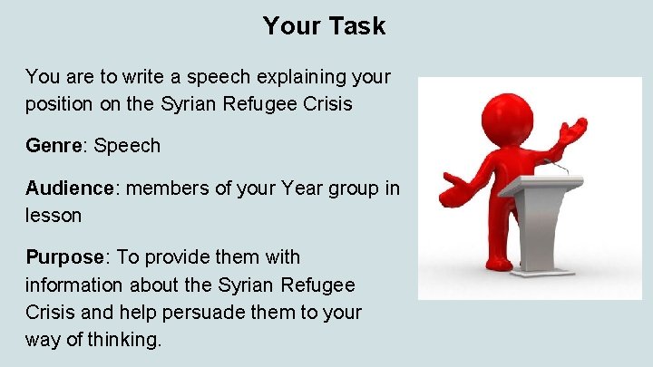 Your Task You are to write a speech explaining your position on the Syrian Your Task You are to write a speech explaining your position on the Syrian