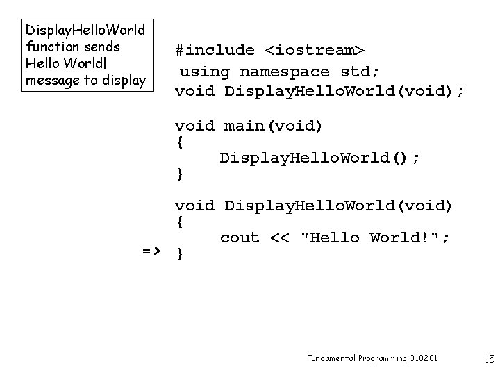 Display. Hello. World function sends Hello World! message to display #include <iostream> using namespace