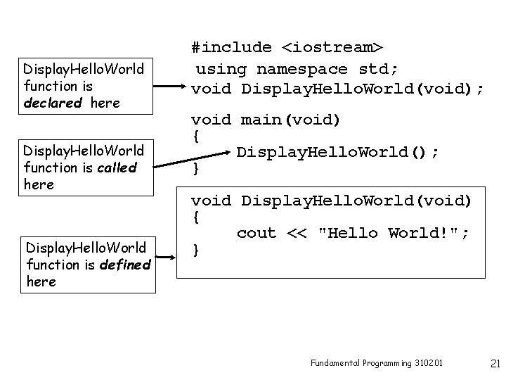 Display. Hello. World function is declared here Display. Hello. World function is called here