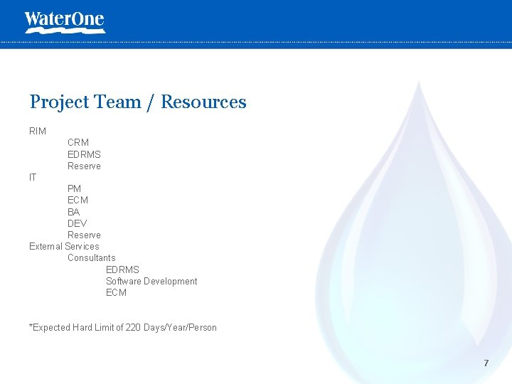 Project Team / Resources RIM CRM EDRMS Reserve IT PM ECM BA DEV Reserve