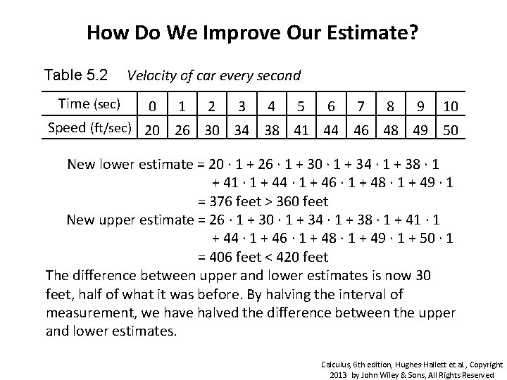 How Do We Improve Our Estimate? Table 5. 2 Time (sec) Velocity of car How Do We Improve Our Estimate? Table 5. 2 Time (sec) Velocity of car