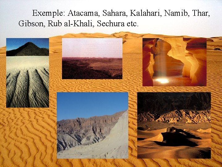 Exemple: Atacama, Sahara, Kalahari, Namib, Thar, Gibson, Rub al-Khali, Sechura etc. 
