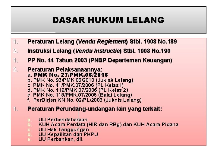 DASAR HUKUM LELANG 1. Peraturan Lelang (Vendu Reglement) Stbl. 1908 No. 189 2. Instruksi