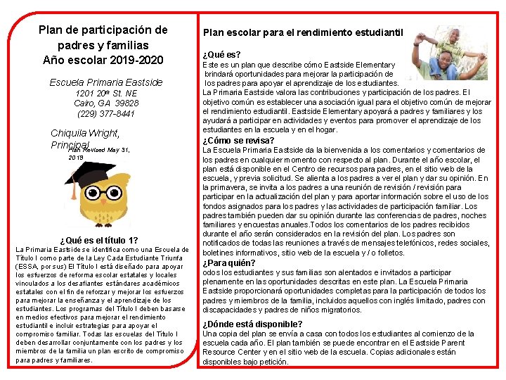 Plan de participación de padres y familias Año escolar 2019 -2020 Escuela Primaria Eastside