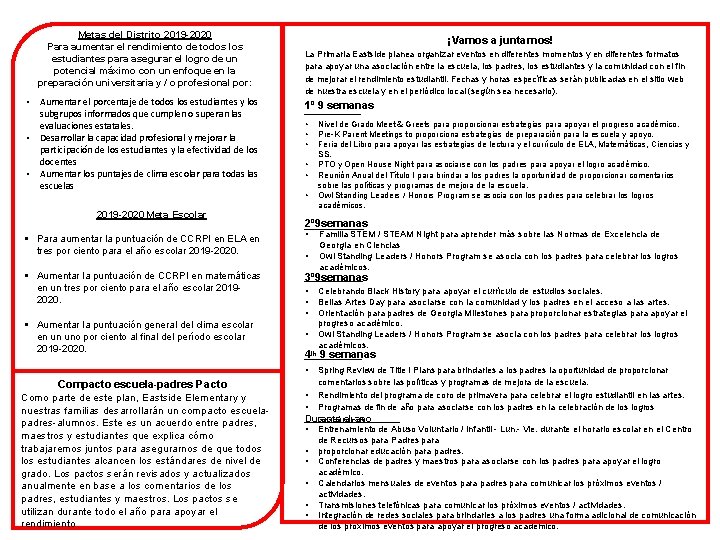 Metas del Distrito 2019 -2020 Para aumentar el rendimiento de todos los estudiantes para