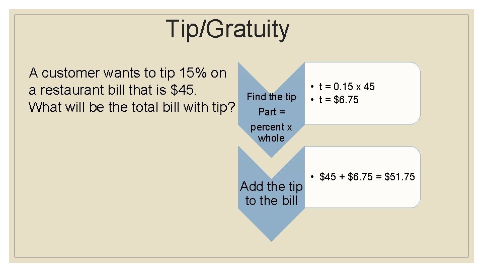 Tip/Gratuity A customer wants to tip 15% on a restaurant bill that is $45.